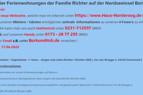 Borkum Haus Norderoog Ferienwohnungen Hindenburgstraße 56 - Nr.1 - Terr. + PKW-Stellplatz - Vermieter - Eigentümerdaten