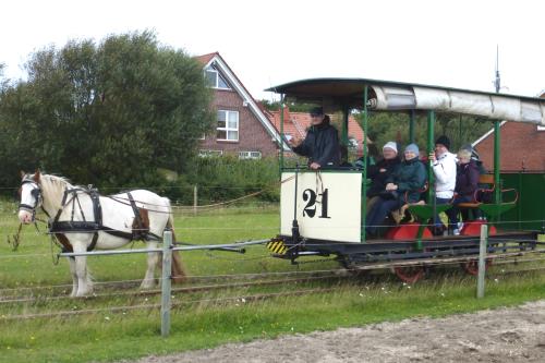 Spiekeroog Ferienwohnung Admiral - Museumspferdebahn vor Haus Admiral