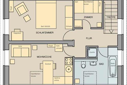 Spiekeroog Ferienwohnung Lütt Paradies - Grundriss der Fewo, Bilder unten